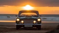 Driving an old fashioned sports car at dusk, enjoying freedom generated by AI