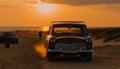 Driving an old fashioned vintage car, men enjoy a fun road trip generated by AI