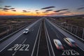 Driving on open road at beautiful sunny day to new year 2023. Aerial view of travel and transportation on highway Royalty Free Stock Photo