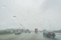 Driving in the rainy Los Angeles urban