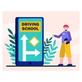 Driving school advertisement. Vector character standing next to road sign