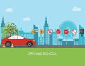 Driving school with car and traffic sign. Royalty Free Stock Photo