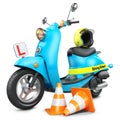 Driving school concept. Classic scooter, traffic cones and helmet Royalty Free Stock Photo