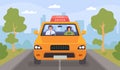 Driving school lesson. Cartoon instructor and female student drive car on road. Teacher tests woman for driver license Royalty Free Stock Photo
