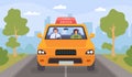 Driving school lesson. Cartoon instructor and female student drive car on road. Teacher tests woman for driver license, flat Royalty Free Stock Photo