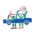 Driving school license test.Young woman in drive seat. Teaching driver.Vector hand drawn flat style.Stop sign..Steering wheel.icon