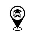 driving school location map pointer, automobile with a graduation hat on icon with location pin, black symbol isolated