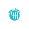 Driving school logo, six gearshift knob blue emblem, auto icon