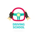 Driving school logo template, hands holding steering wheel thumb up Royalty Free Stock Photo