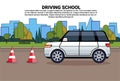 Driving School Poster, Car On Road, Auto Drive Education Practice Exam Concept