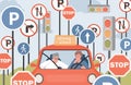 Driving school vector flat illustration. Car instructor and student sit in car and looking at the road.