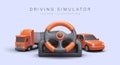 Driving simulation. Game computer steering wheel, truck, car. Learning to drive on simulator Royalty Free Stock Photo