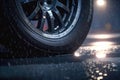 Driving on a slippery rainy road background with vehicle tire close-up. Created with Generative AI technology