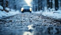 Driving on slippery winter roads, headlights illuminate the snowy landscape generated by AI