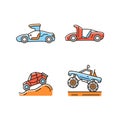 Driving specially-modified vehicles RGB color icons set