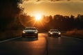 Driving a sport car with the sun directly behind them in a picturesque halo effect, backlighting their carefree joyride.