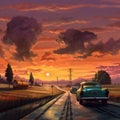 Driving into the sunset surrealism art style, travel, destination scenics