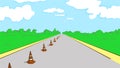 Cartoon driving test road with cones