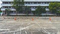 Driving test and training area with simulate test for driving license. Driving school practice traffic area with pole signs and