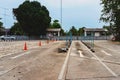 Driving test and training area with simulate test for driving license. Driving school practice traffic area with pole signs and