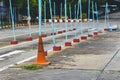 Driving test and training area with simulate test for driving license. Driving school practice traffic area with pole signs and