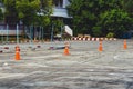 Driving test and training area with simulate test for driving license. Driving school practice traffic area with pole signs and