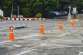 Driving test and training area with simulate test for driving license. Driving school practice traffic area with pole signs and