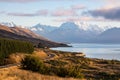 Driving to snow covered Mt. Cook / Aoraki in New Zealand`s South Island