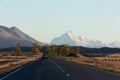 Driving to snow covered Mt. Cook / Aoraki in New Zealand`s South Island