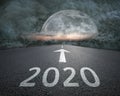 Driving to upcoming 2020 towards the storm at night Royalty Free Stock Photo