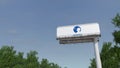 Driving towards advertising billboard with Danone logo. Editorial 3D rendering 4K clip