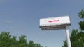 Driving towards advertising billboard with ExxonMobil logo. Editorial 3D rendering 4K clip