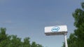Driving towards advertising billboard with Intel Corporation logo. Editorial 3D rendering Royalty Free Stock Photo