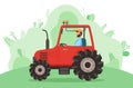 Man is driving tractor on the road near the meadow. Farmer siting in agrimotor on nature landscape