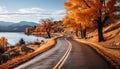 Driving through vibrant autumn landscape, vanishing point of yellow trees generated by AI Royalty Free Stock Photo