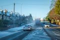 Driving on winter snow road in town in england uk during covid lockdown Royalty Free Stock Photo