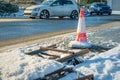 Driving on winter snow road in town in england uk during covid lockdown Royalty Free Stock Photo