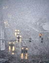 Driving in Winter Storm with Blizzard Snow Royalty Free Stock Photo