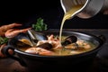 drizzle of extra virgin olive oil over bowl of seafood soup