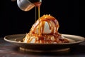 drizzling caramel sauce on a scoop of ice cream