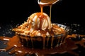drizzling caramel sauce on a scoop of ice cream