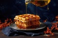 drizzling melted butter and maple syrup on waffles