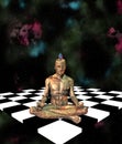 Droid in lotus pose hovers over chess board Royalty Free Stock Photo