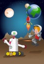 Droid robot guarding male astronout exploring planet