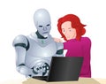 Droid robot helping woman learning laptop