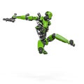 droid soldier is jumping fast in action and holding a pistol