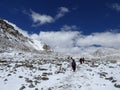 Pilgrims making their way down from Drolma Pass 5640m, highest point of the trek around Mt Kailash, Tibet Autonomous Region