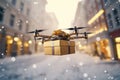 Dron carrying gift box over big city in winter