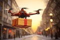 Dron carrying gift box over big city in winter