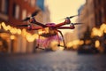 Dron carrying gift box over big city in winter